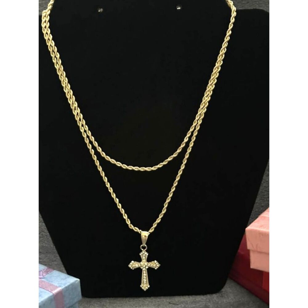 18K Gold Filled Catholic Cross Necklace Set | 16" & 18"2.5mm Rope Chains